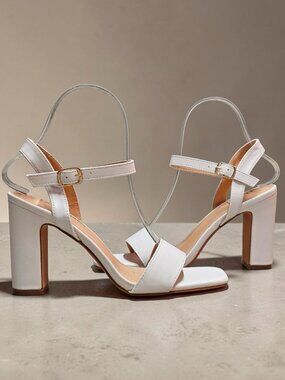 White Block Heeled Sandals With Adjustable Ankle Strap & Open Toe Design – Elega